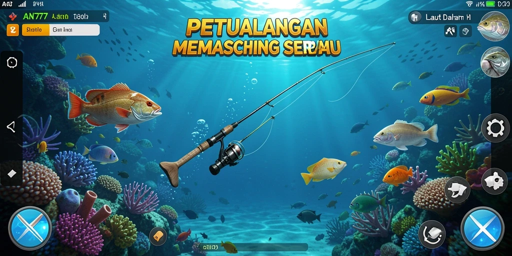Screenshot AN777 menampilkan pemain menangkap ikan besar di laut yang indah.