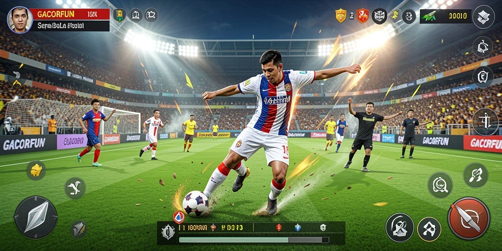 Screenshot GACORFUN menampilkan aksi gameplay sepak bola yang mendebarkan.
