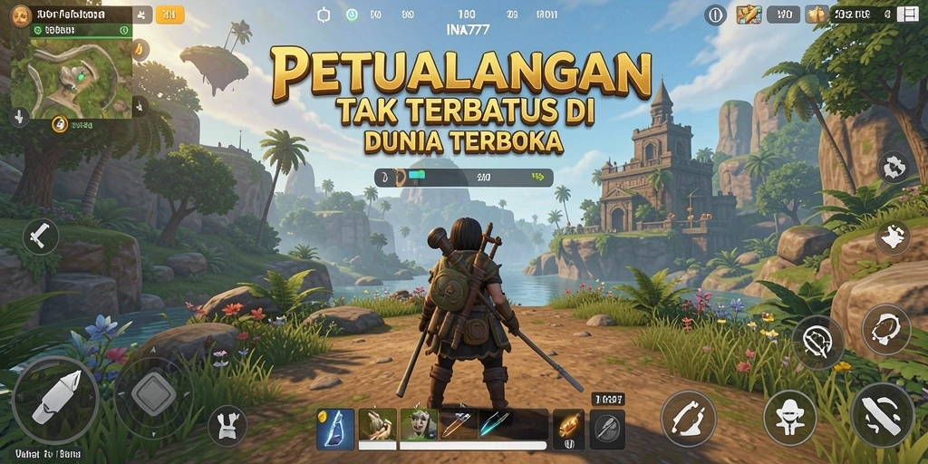 Screenshot menunjukkan pemain menjelajahi pegunungan yang megah dalam INA777.