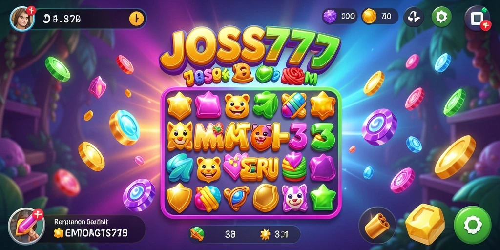 Screenshot utama JOSS777 menampilkan gameplay Match-3 yang ceria dan penuh warna.