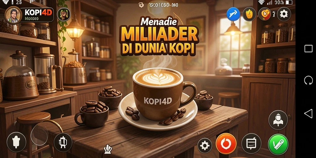 Tampilan gameplay KOPI4D yang menarik dengan elemen manajemen bisnis.