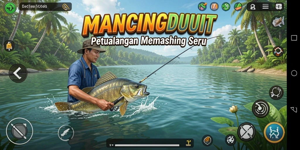 Tampilan gameplay menarik dari MANCINGDUIT dengan pemancing dan berbagai lokasi.