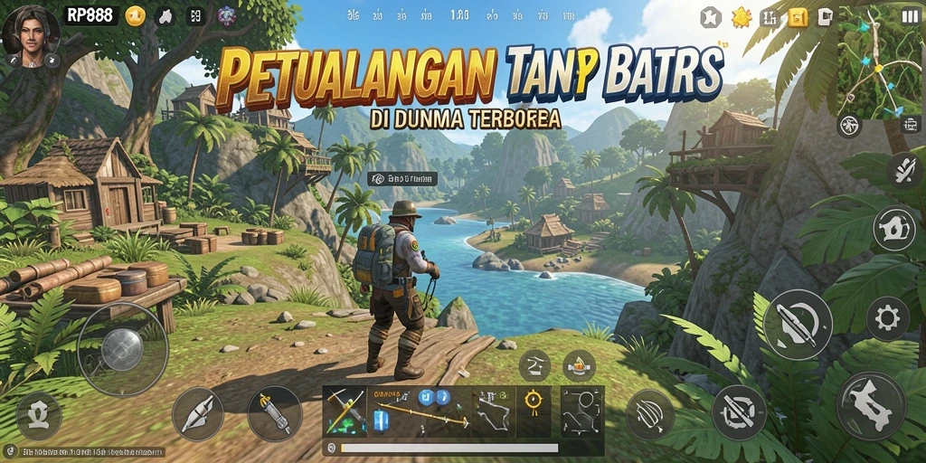 Tangkapan layar utama RP888 menampilkan aksi petualangan di dunia terbuka yang luas.